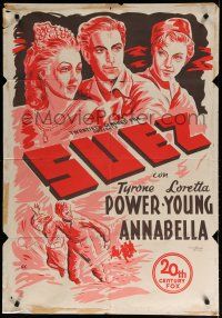 1y007 SUEZ Colombian poster '38 art of Tyrone Power with pretty Loretta Young & Annabella!