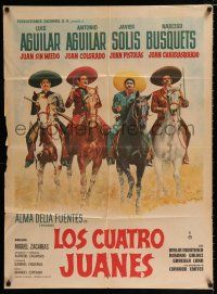 1y077 LOS CUATRO JUANES Mexican poster '66 Cacho artwork of the four Juans on horseback!