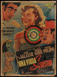1y081 UNA VIUDA SIN SOSTEN Mexican poster '51 Rene Cardona directed, art of pretty girl & target!