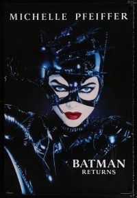 1z114 BATMAN RETURNS undated teaser 1sh '92 close-up of sexy Michelle Pfeiffer as Catwoman!