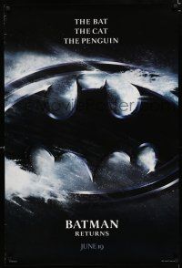 1z113 BATMAN RETURNS teaser 1sh '92 cool image of batman's logo, The Bat, The Cat & The Penguin!