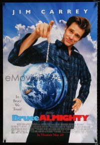 1z155 BRUCE ALMIGHTY advance 1sh '03 Jim Carrey in title role with the world on a string!