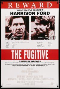 1z298 FUGITIVE recalled int'l 1sh '93 Harrison Ford is on the run, cool wanted poster!