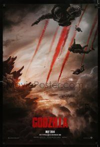 1z316 GODZILLA teaser DS 1sh '14 image of soldiers parachuting over monster & burning city!