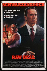 1z641 RAW DEAL 1sh '86 art of tough guy Arnold Schwarzenegger with gun & in suit!