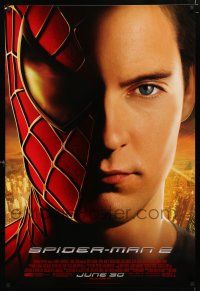 1z718 SPIDER-MAN 2 advance DS 1sh '04 image of half-masked superhero Tobey Maguire!
