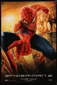 1z721 SPIDER-MAN 2 int'l teaser DS 1sh '04 webslinger Tobey Maguire flying over city!