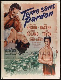 2b564 THREE VIOLENT PEOPLE French 1p R60s Roger Soubie art of Charlton Heston & sexy Anne Baxter!