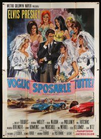 2b244 SPINOUT Italian 2p '67 Stefano art of Elvis & sexy brides + race cars, California Holiday!