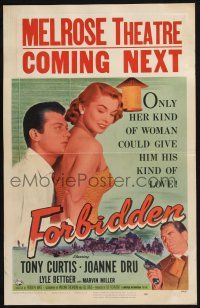 2b716 FORBIDDEN WC '54 only Joanne Dru could give Tony Curtis the kind of love he needed!