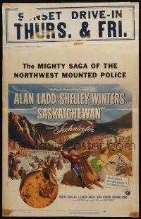 2b897 SASKATCHEWAN WC '54 great art of Mountie Alan Ladd & Shelley Winters, Raoul Walsh, Canada!