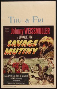 2b898 SAVAGE MUTINY WC '53 art of Johnny Weissmuller as Jungle Jim in knife fight!