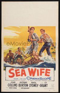 2b900 SEA WIFE WC '57 great castaway art of sexy Joan Collins & Richard Burton on raft at sea!