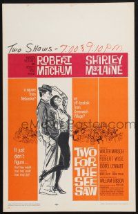 2b960 TWO FOR THE SEESAW WC '62 art of Robert Mitchum & sexy beatnik Shirley MacLaine!