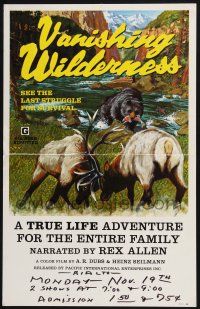 2b965 VANISHING WILDERNESS WC '74 cool art of caribou locking horns & bear with fish in river!