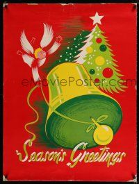 2c348 SEASON'S GREETINGS 30x40 '60s Christmas Holiday artwork of angel ringing bell!
