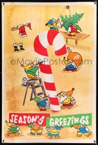 2c438 SEASON'S GREETINGS 40x60 '71 artwork of happy worker elves decorating for Christmas!
