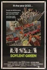 2c441 SOYLENT GREEN 40x60 '73 art of Charlton Heston trying to escape riot control by John Solie!