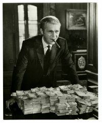 2d904 THOMAS CROWN AFFAIR 8.25x10 still '68 great c/u of Steve McQueen with cigar & pile of cash!