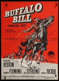 2e519 PONY EXPRESS Danish '54 great art of Charlton Heston as Buffalo Bill on horseback!
