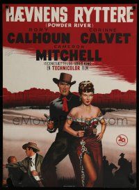 2e520 POWDER RIVER Danish '54 art of cowboy Rory Calhoun & super sexy Corinne Calvet holding gun!