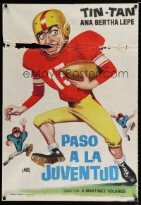 2e128 PASO A LA JUVENTUD Spanish '62 Jano artwork of football player Tin Tan German Valdes!