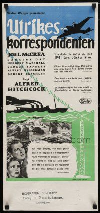 2e204 FOREIGN CORRESPONDENT Swedish stolpe '41 Alfred Hitchcock, Joel McCrea, different art!