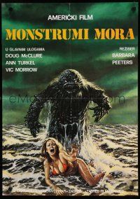 2e454 HUMANOIDS FROM THE DEEP Yugoslavian 19x27 '80 art of Monster looming over sexy girl in surf!