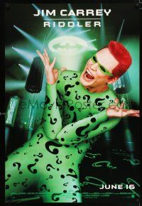 2f113 BATMAN FOREVER advance 1sh '95 cool image of Jim Carrey as The Riddler!