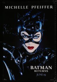 2f119 BATMAN RETURNS teaser 1sh '92 close-up of sexy Michelle Pfeiffer as Catwoman!