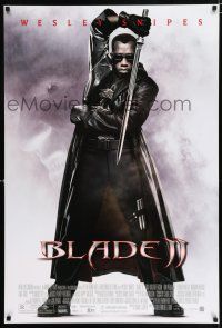 2f140 BLADE II DS 1sh '02 great image of Wesley Snipes in leather coat w/sword!