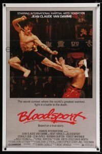 2f147 BLOODSPORT 1sh '88 cool image of Jean Claude Van Damme kicking Bolo Yeung, martial arts!