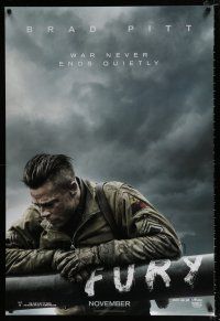 2f312 FURY teaser DS 1sh '14 great image of soldier Brad Pitt, war never ends quietly!