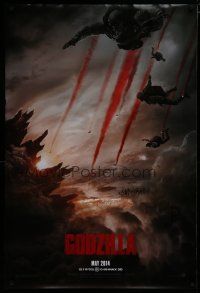 2f326 GODZILLA teaser DS 1sh '14 image of soldiers parachuting over monster & burning city!