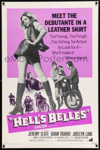 2f362 HELL'S BELLES int'l 1sh '69 sexy too young too tough biker babe in leather skirt!