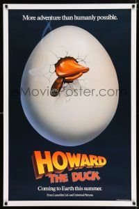 2f382 HOWARD THE DUCK teaser 1sh '86 George Lucas, great art of hatching egg with cigar in mouth!
