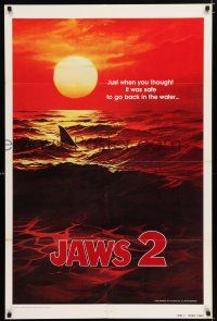 2f423 JAWS 2 undated teaser 1sh '78 classic art of man-eating shark's fin in red water at sunset!