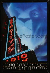 2f467 LION KING advance 1sh '94 classic Disney cartoon World Premiere at Radio City Music Hall!