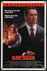 2f626 RAW DEAL 1sh '86 art of tough guy Arnold Schwarzenegger with gun & in suit!