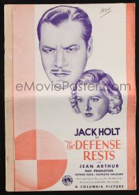 2g537 DEFENSE RESTS pressbook '34 Jack Holt double-crossed justice until Jean Arthur got him!