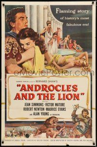 2h045 ANDROCLES & THE LION 1sh '52 artwork of Victor Mature holding Jean Simmons!