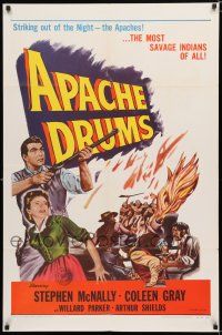 2h051 APACHE DRUMS 1sh R56 Val Lewton's last, art of Stephen McNally & Coleen Gray!