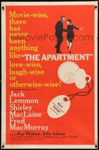 2h052 APARTMENT 1sh '60 Billy Wilder, Jack Lemmon, Shirley MacLaine, cool key-in-lock art!