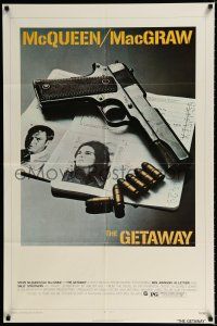 2h359 GETAWAY 1sh '72 Steve McQueen, Ali McGraw, Sam Peckinpah, cool gun & passports image!