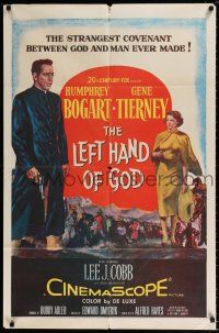 2h554 LEFT HAND OF GOD 1sh '55 artwork of priest Humphrey Bogart holding gun + sexy Gene Tierney!