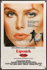 2h574 LIPSTICK 1sh '76 super close up of sexy Margaux Hemingway, the story of a woman's revenge!