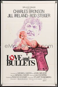 2h588 LOVE & BULLETS 1sh '79 art of Charles Bronson, sexy Jill Ireland laying on gun!
