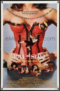 2h590 LOVE AT STAKE 1sh '88 sexy wacky image of girl w/corset, witch hunts!