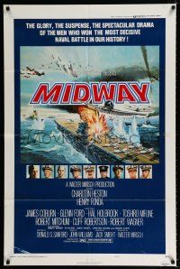 2h635 MIDWAY style B 1sh '76 Charlton Heston, Henry Fonda, dramatic naval battle art!