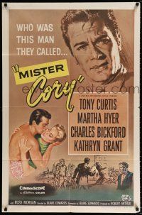2h638 MISTER CORY 1sh '57 art of professional poker player Tony Curtis & kissing sexy Martha Hyer!